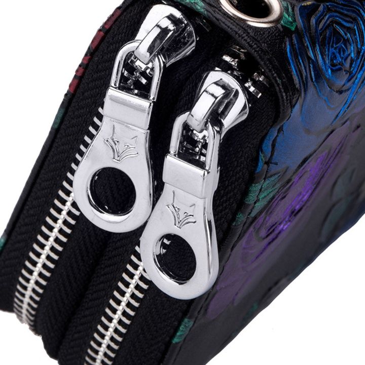 レディース二つ折り財布 花柄刺繍本革ラウンドファスナー二つ折り財布