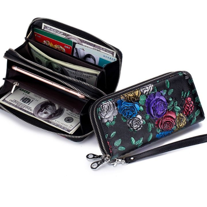 レディース二つ折り財布 花柄刺繍本革ラウンドファスナー二つ折り財布