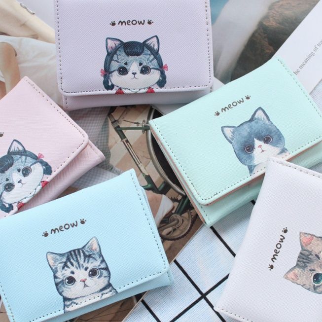 レディース二つ折り財布 愛らしい子猫プリント コンパクト二つ折り財布