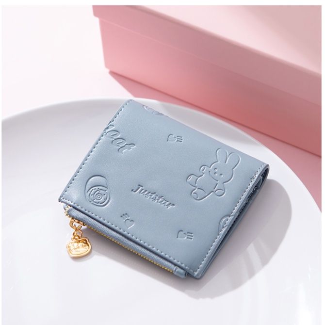 レディース二つ折り財布 うさぎ刺繍デザイン二つ折り財布ハートチャーム付き