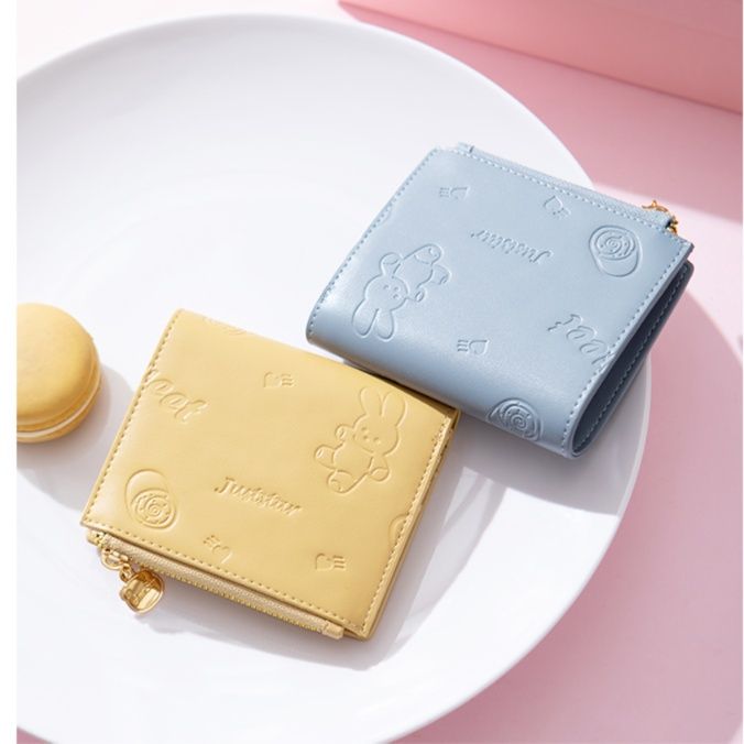 レディース二つ折り財布 うさぎ刺繍デザイン二つ折り財布ハートチャーム付き