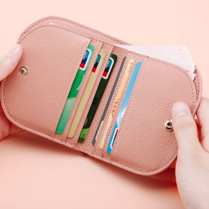 レディース二つ折り財布 本革型押しスナップボタン式ミニ二つ折り財布