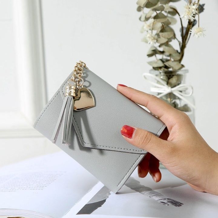 レディース二つ折り財布 タッセル付きハート飾り二つ折りミニ財布