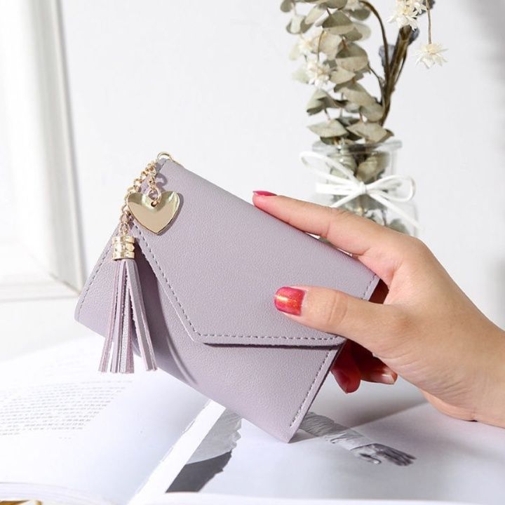 レディース二つ折り財布 タッセル付きハート飾り二つ折りミニ財布