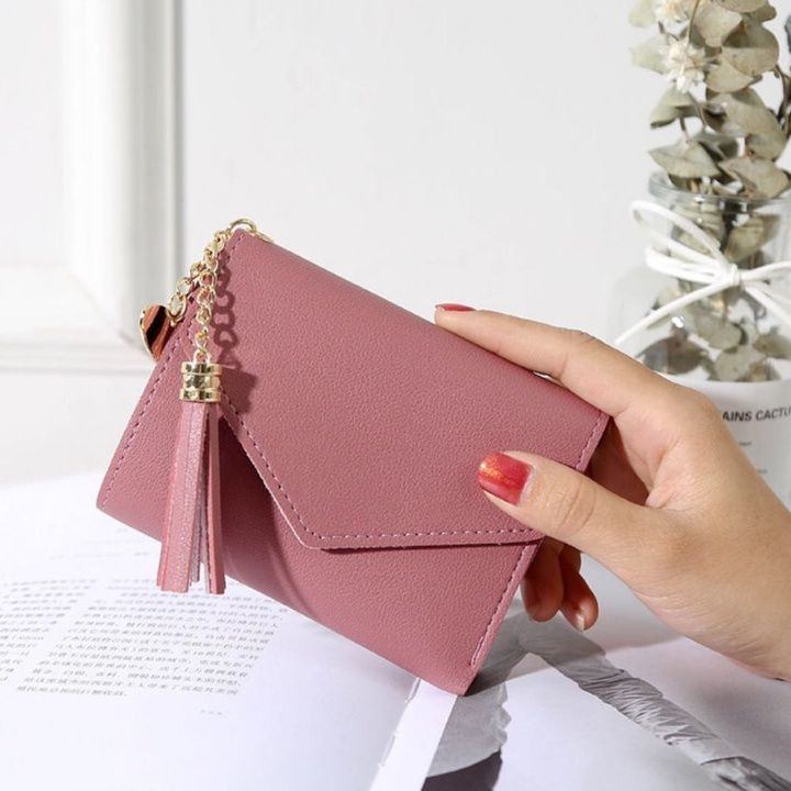 レディース二つ折り財布 タッセル付きハート飾り二つ折りミニ財布