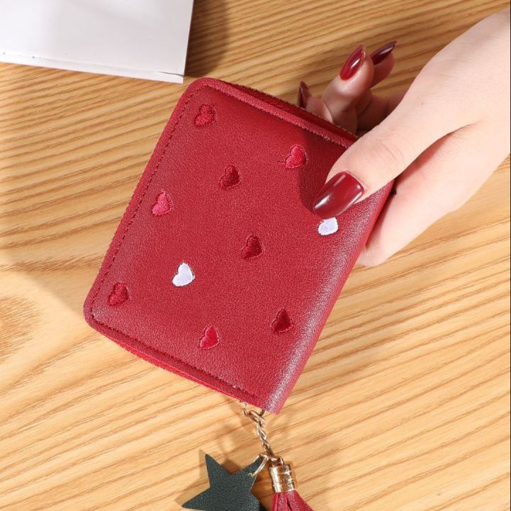 レディース二つ折り財布 ハート刺繍タッセル付き二つ折りミニ財布