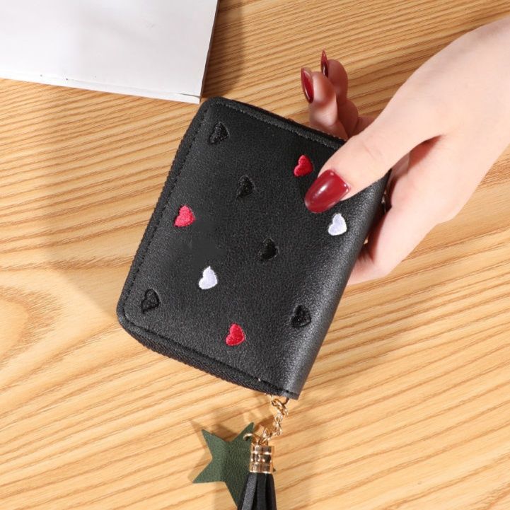 レディース二つ折り財布 ハート刺繍タッセル付き二つ折りミニ財布