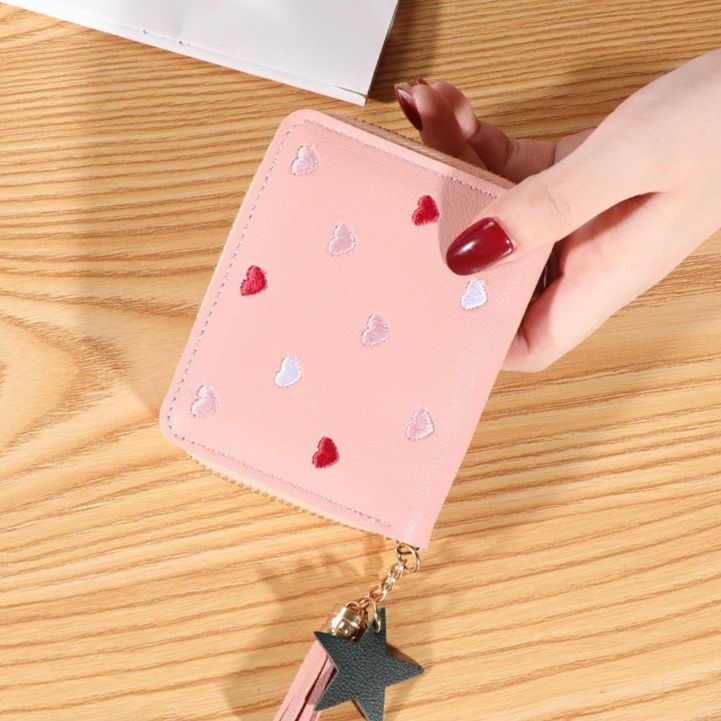 レディース二つ折り財布 ハート刺繍タッセル付き二つ折りミニ財布