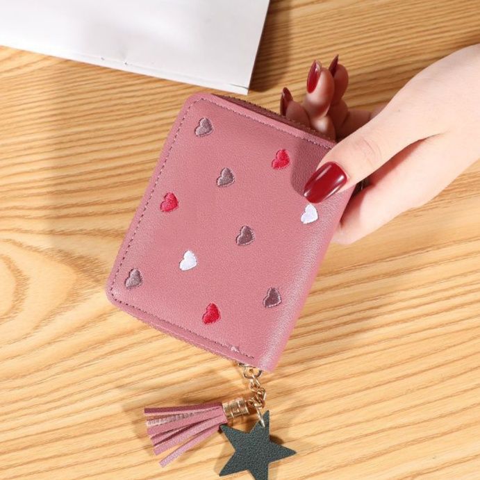 レディース二つ折り財布 ハート刺繍タッセル付き二つ折りミニ財布