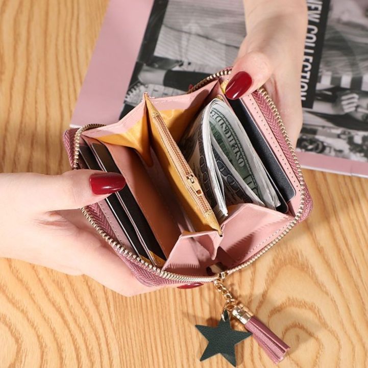 レディース二つ折り財布 ハート刺繍タッセル付き二つ折りミニ財布