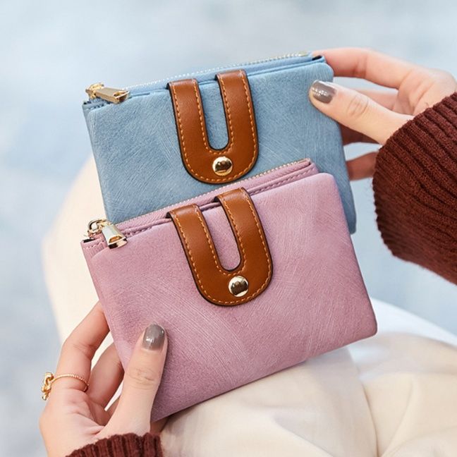 レディース二つ折り財布 配色ベルト付きコンパクトレディース二つ折り財布