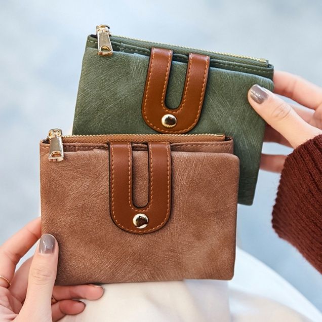 レディース二つ折り財布 配色ベルト付きコンパクトレディース二つ折り財布
