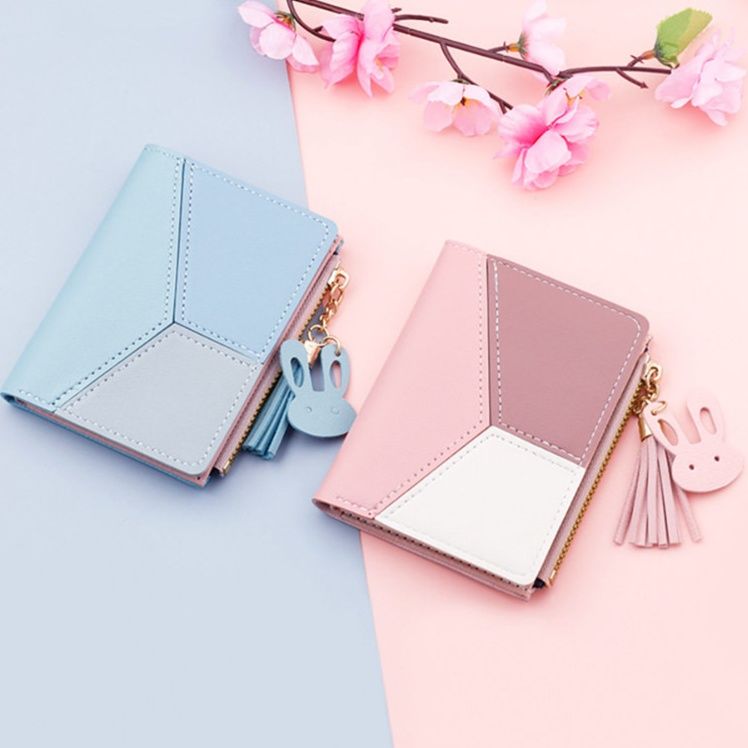 レディース二つ折り財布 うさぎチャーム付き配色切替レディース二つ折り財布ミニ