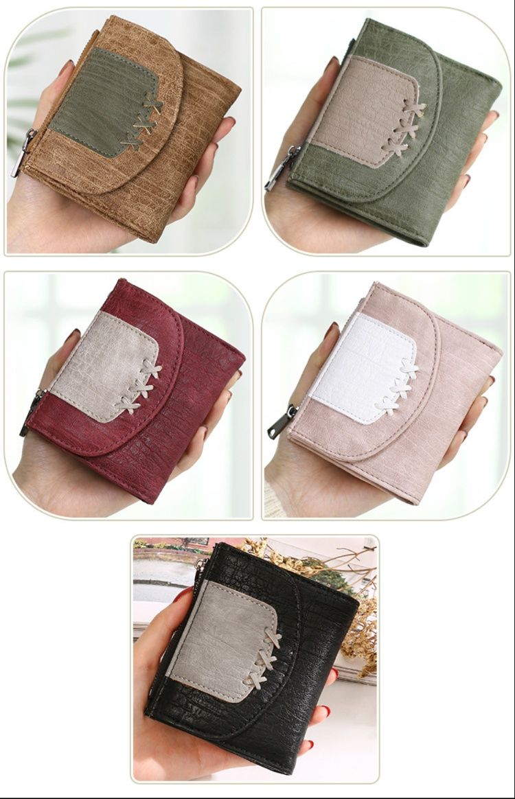 レディース二つ折り財布 配色デザイン刺繍ステッチミニ財布