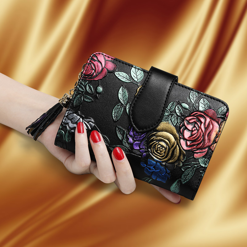 レディース二つ折り財布 花柄刺繍タッセル付きミニ財布