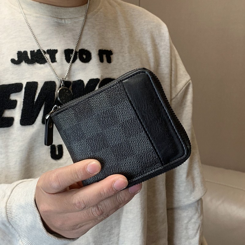 レディース二つ折り財布 市松模様型押しラウンドファスナー二つ折り財布