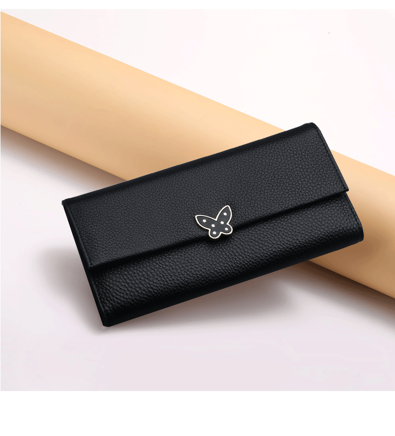 レディース二つ折り財布 蝶々モチーフ金具付き本革二つ折り財布