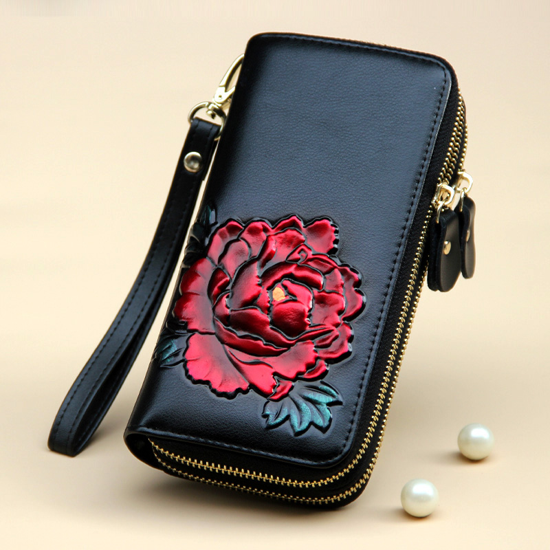 レディース二つ折り財布 花柄刺繍レザー二つ折り財布ストラップ付き