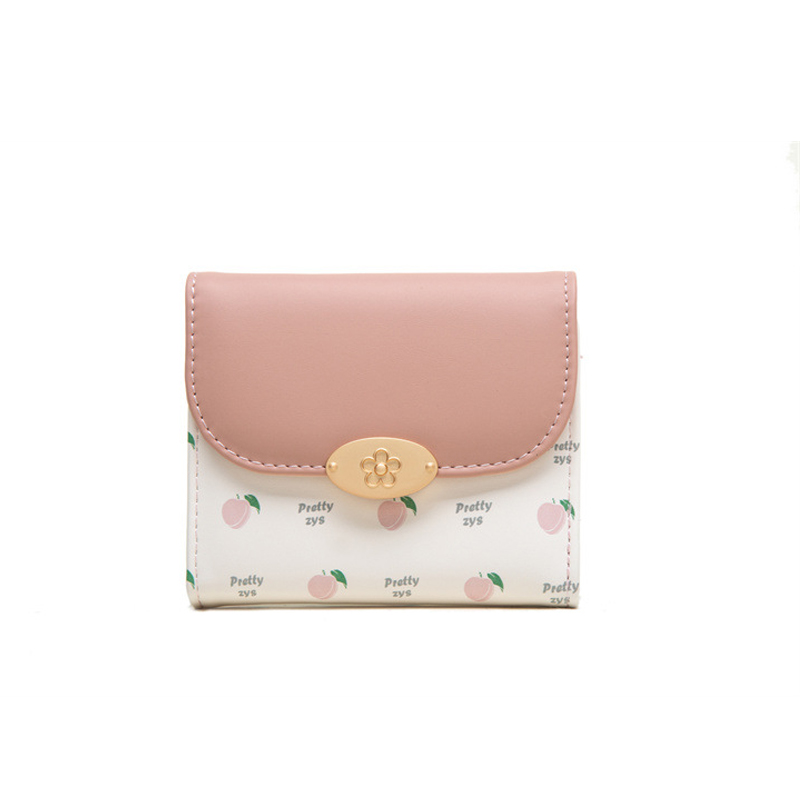 果物柄切替デザイン木製留め具付きレディース二つ折り財布