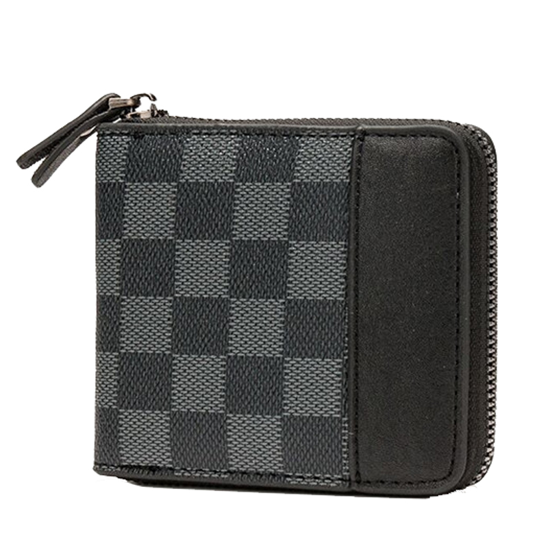 レディース二つ折り財布 市松模様型押しラウンドファスナー二つ折り財布