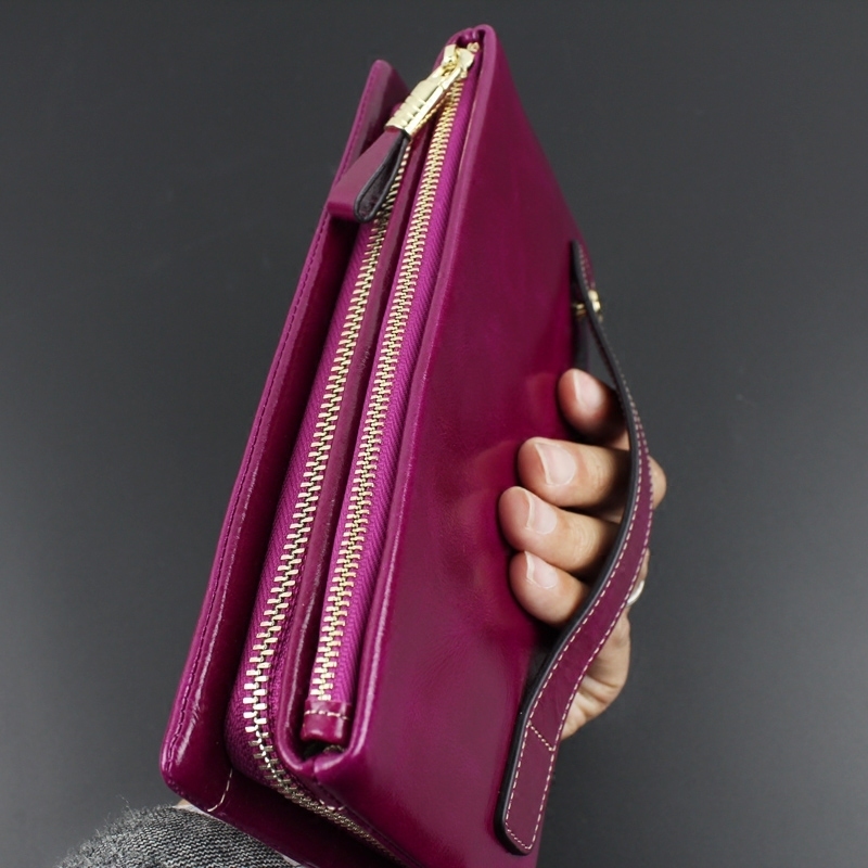 レディース二つ折り財布 上質レザー使用ストラップ付き大容量財布