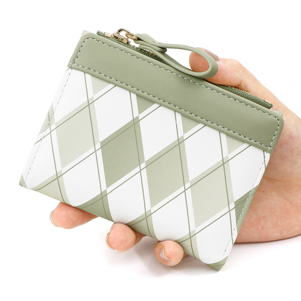 レディース二つ折り財布コンパクト チェック柄ファスナー付きレディース二つ折り財布