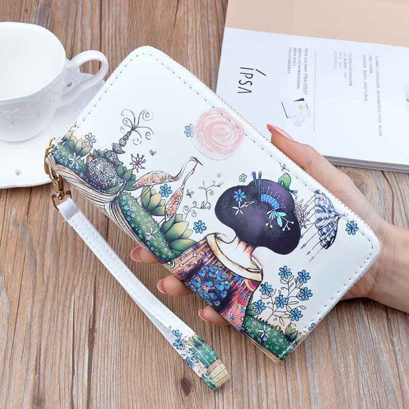 レディース二つ折り財布 和風美人画プリント二つ折り長財布