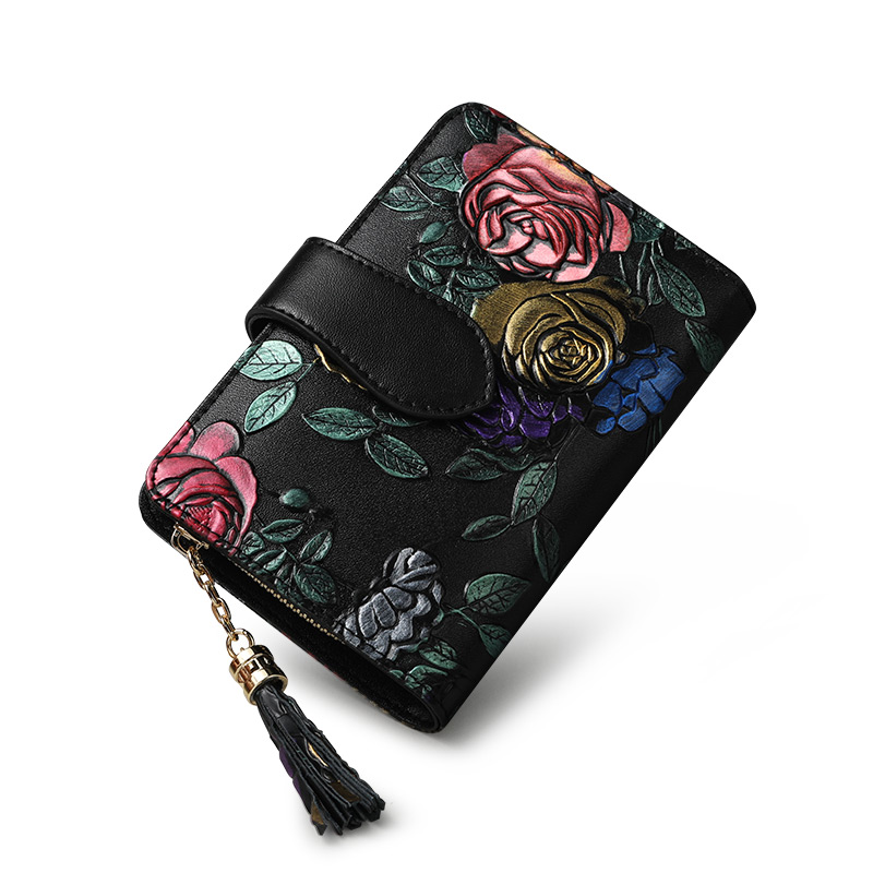レディース二つ折り財布 花柄刺繍タッセル付きミニ財布