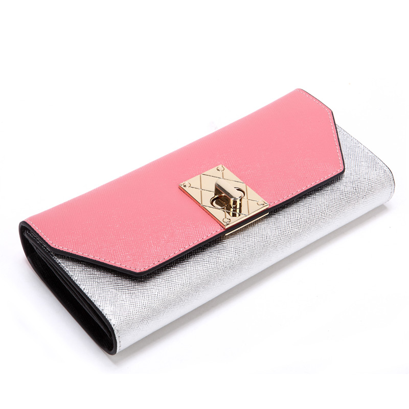 レディース二つ折り財布 金属プレート装飾付き上質レザー長財布