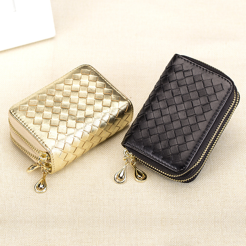 レディース二つ折り財布 編み込みレザー ダブルファスナー コンパクト財布