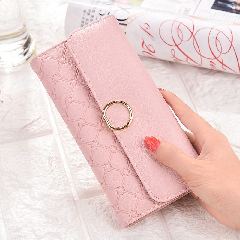 レディース二つ折り財布 金属リング付きキルティング模様二つ折り財布