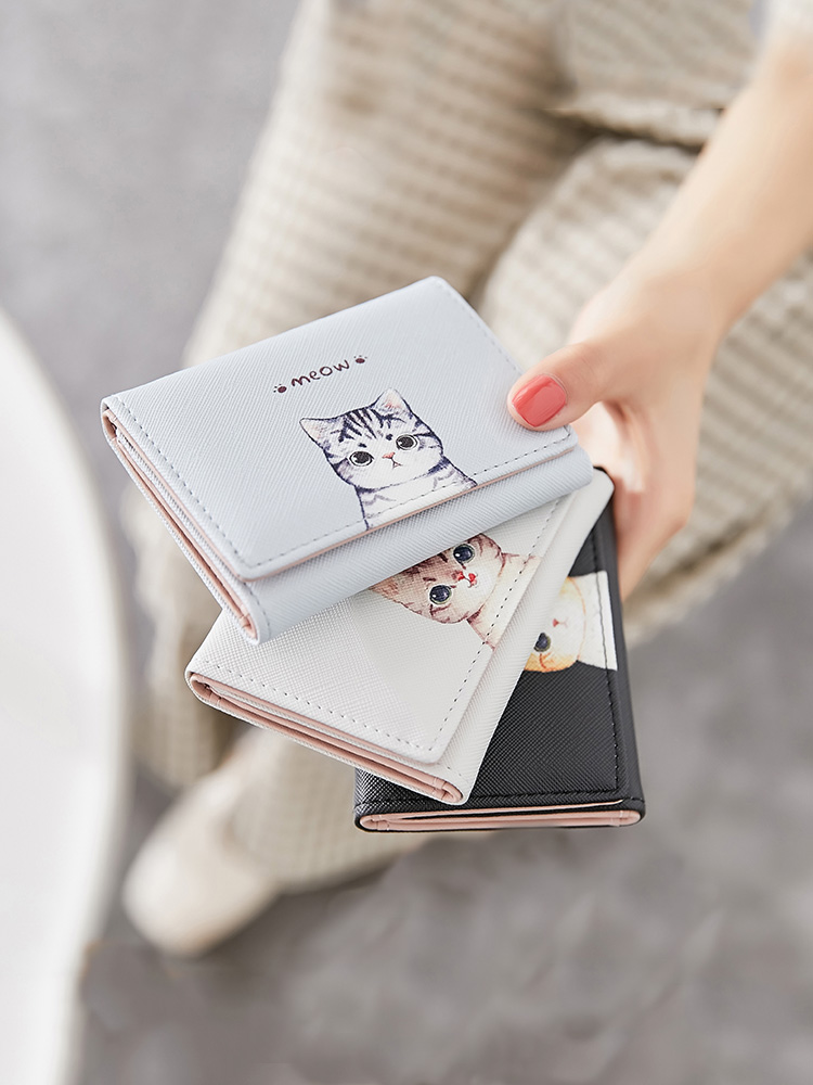 レディース二つ折り財布 愛らしい子猫プリント コンパクト二つ折り財布
