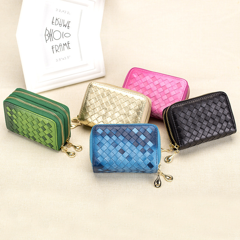 レディース二つ折り財布 編み込みレザー ダブルファスナー コンパクト財布