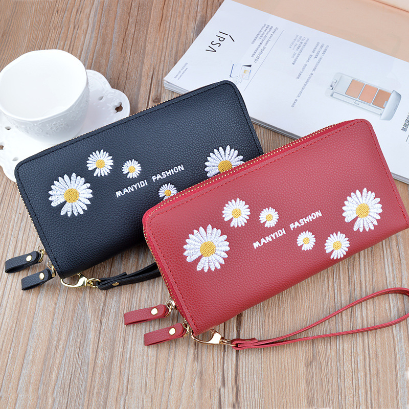 レディース二つ折り財布 小花刺繍デイジー柄二つ折り長財布