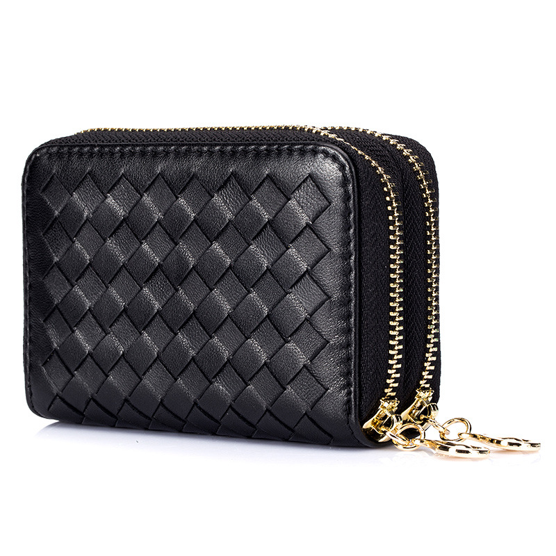レディース二つ折り財布 編み込みレザー ダブルファスナー コンパクト財布