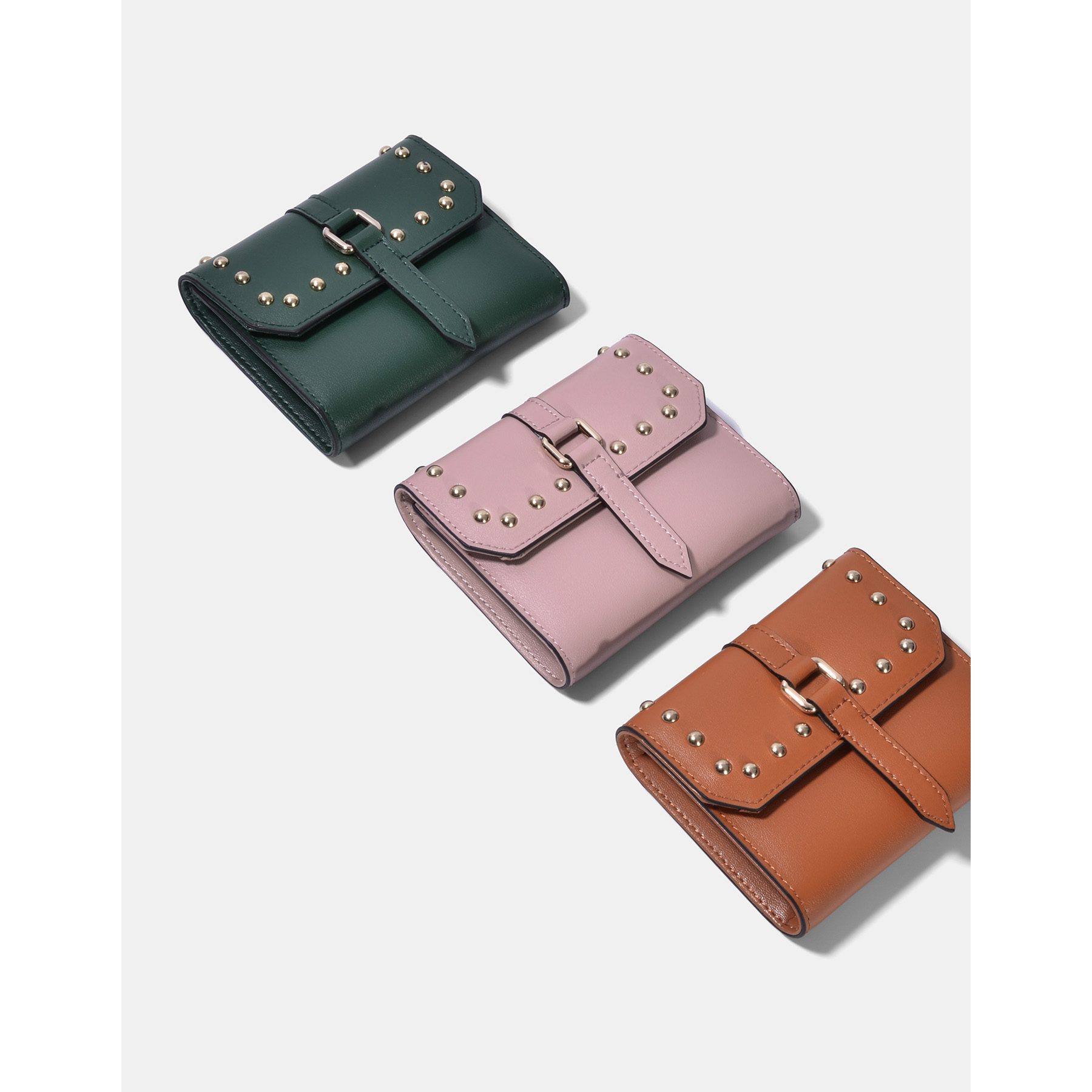 レディース二つ折り財布 スタッズ装飾コンパクト二つ折り財布