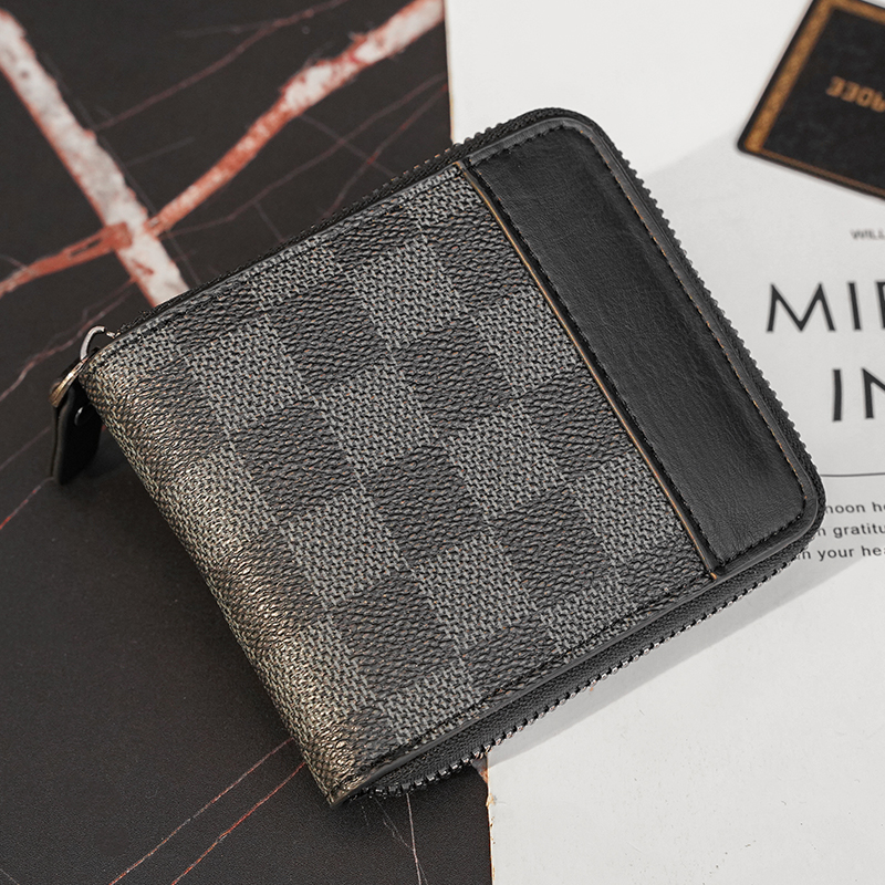 レディース二つ折り財布 市松模様型押しラウンドファスナー二つ折り財布