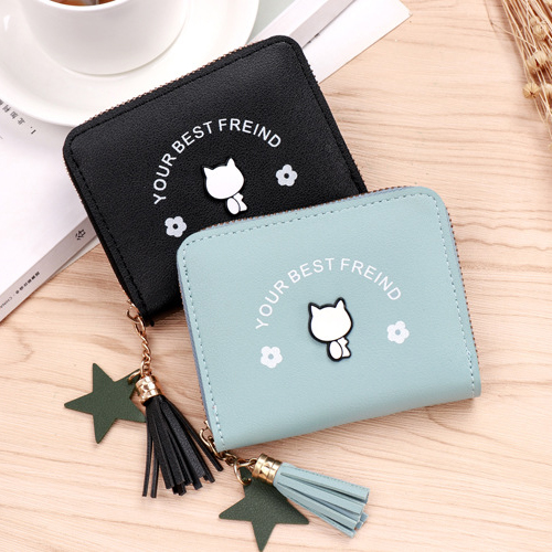 レディース二つ折り財布 猫柄タッセル付き星型チャーム二つ折り財布