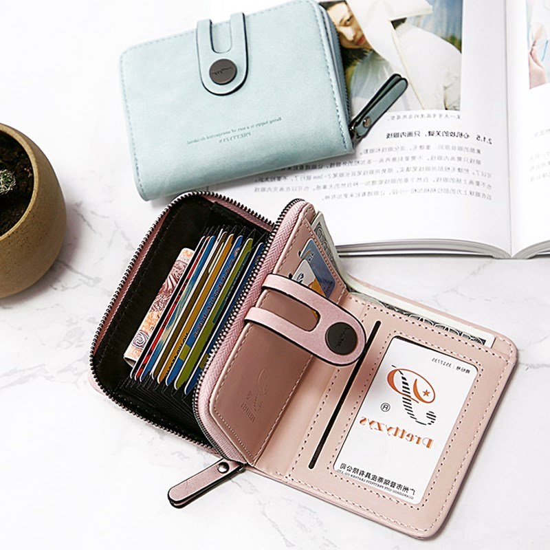 レディース二つ折り財布 多機能ボタン留めラウンドファスナー二つ折り財布