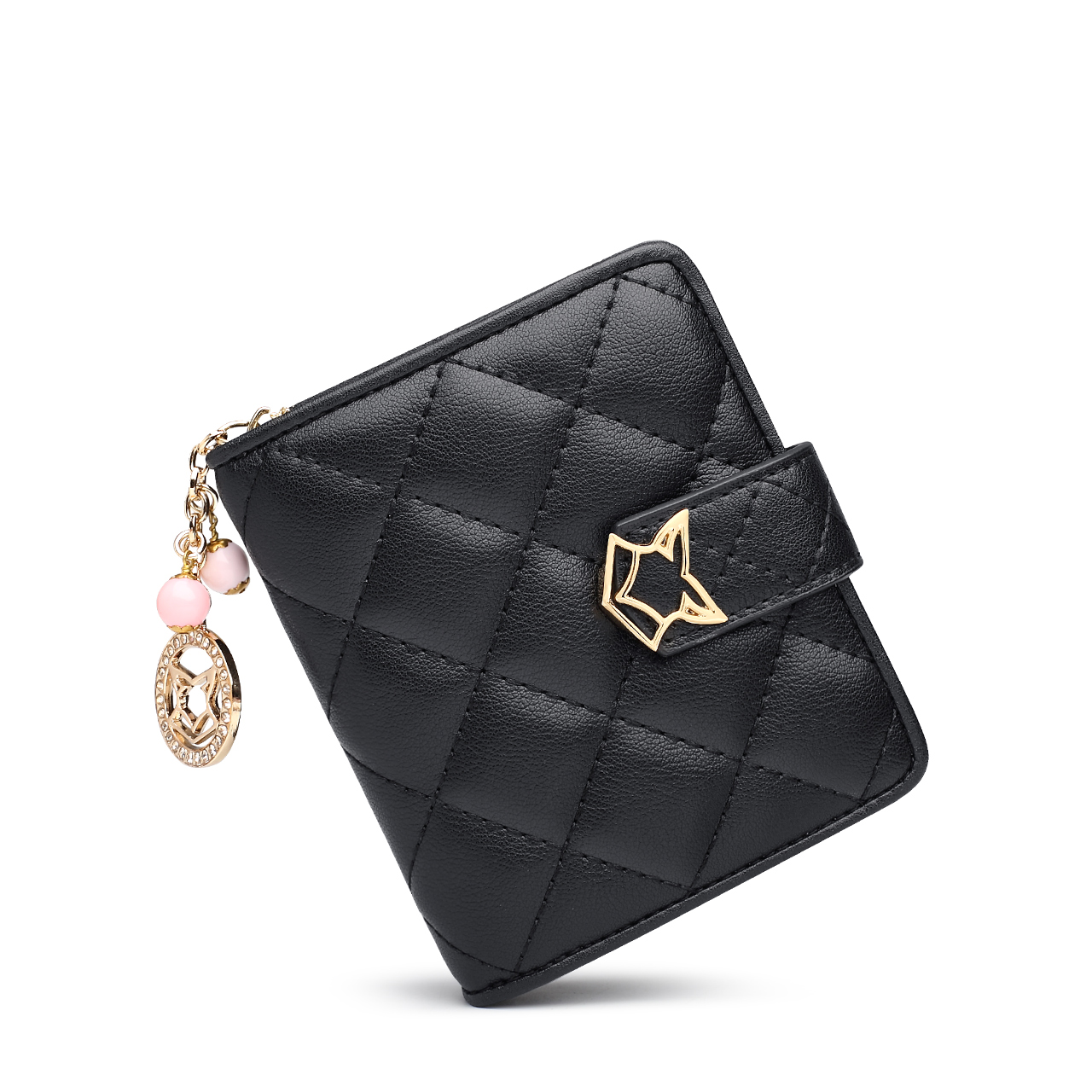 レディース二つ折り財布 狐モチーフ金具付きキルティング二つ折り財布