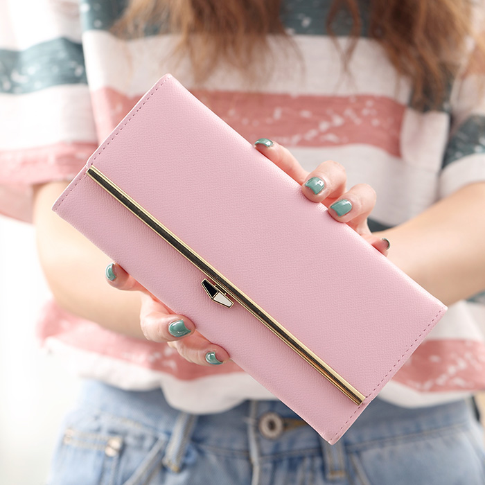 レディース二つ折り財布 金具アクセント薄型二つ折り長財布