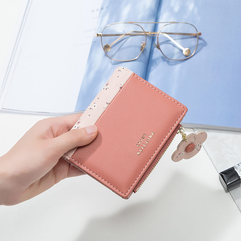 レディース二つ折り財布 花飾り付きコンパクト二つ折り財布