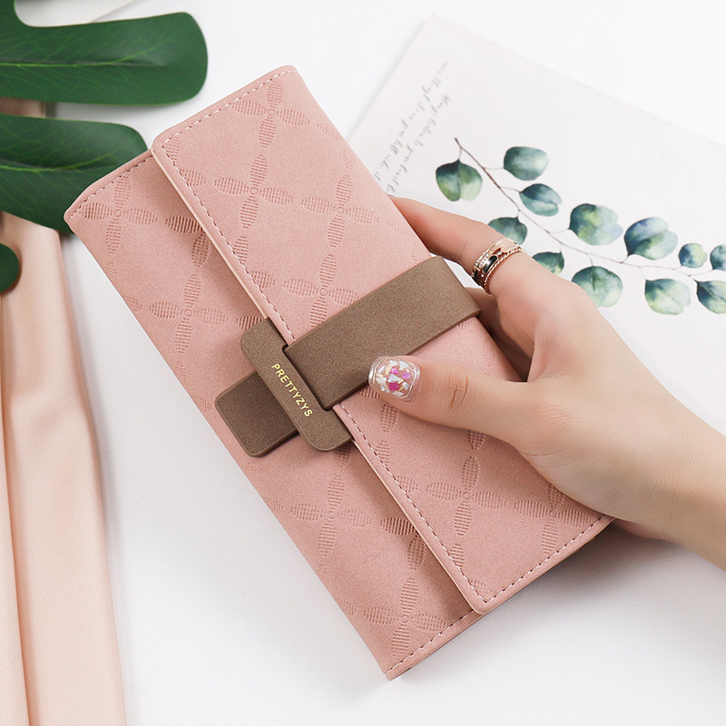 レディース二つ折り財布 チェック型押しリボン留め二つ折り長財布