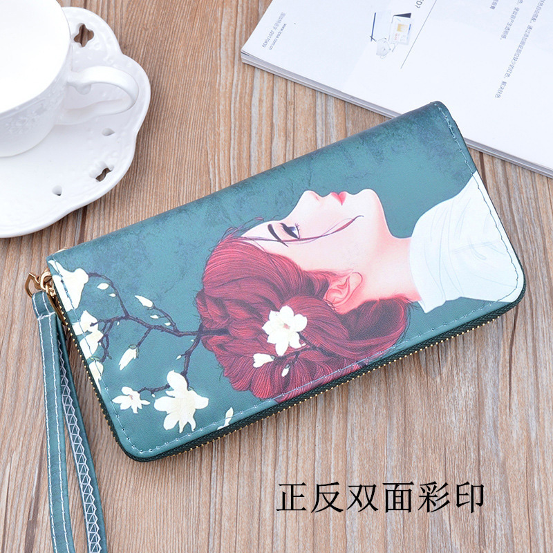 レディース二つ折り財布 和風美人画プリント二つ折り長財布