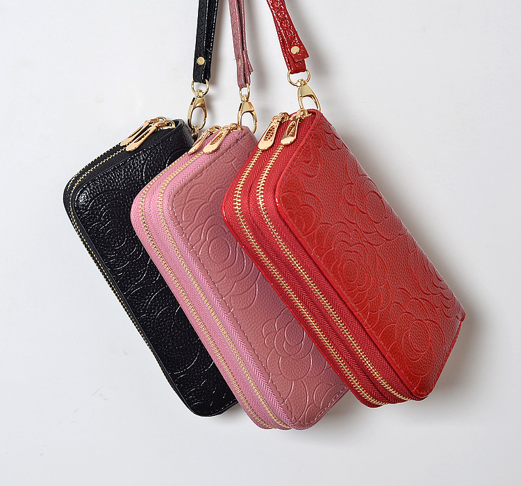 レディース二つ折り財布 花柄型押しレザー多機能ラウンドファスナー財布