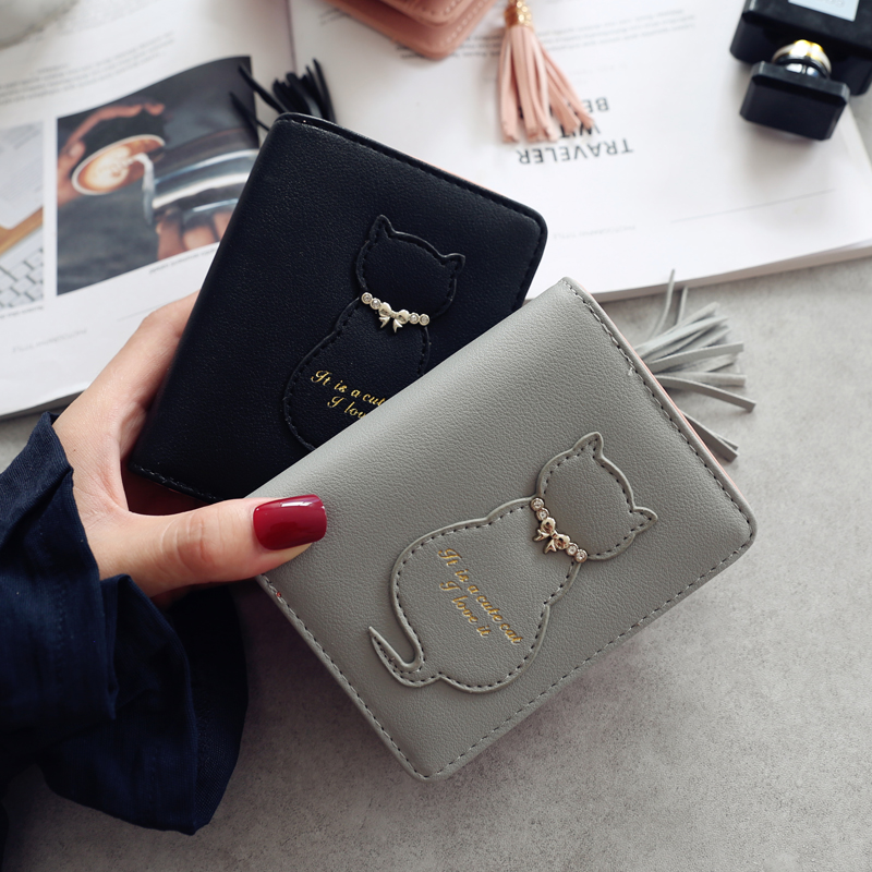 レディース二つ折り財布 猫シルエット刺繍房飾り付きコンパクト財布