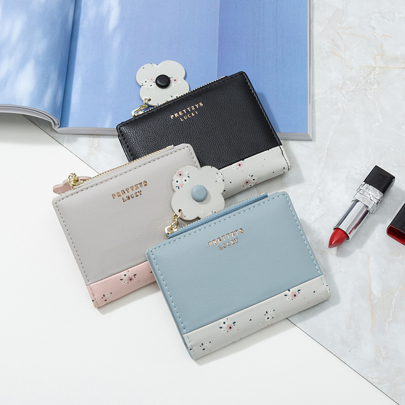 レディース二つ折り財布 花飾り付きコンパクト二つ折り財布