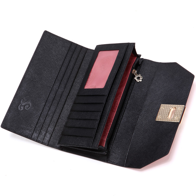 レディース二つ折り財布 金属プレート装飾付き上質レザー長財布