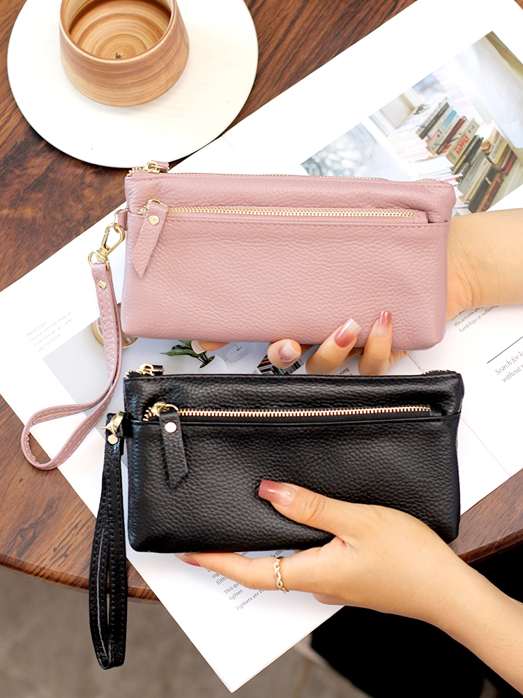 レディース二つ折り財布 上質レザー調ダブルファスナー長財布