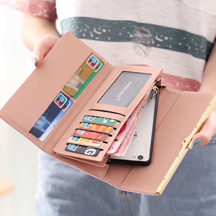 レディース二つ折り財布 金具アクセント薄型二つ折り長財布